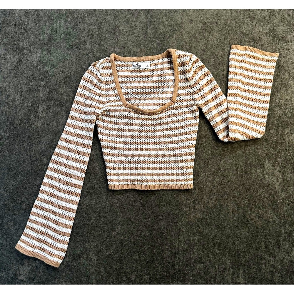 Hollister Women's S Brown/White Striped Knit Square Neck Long Sleeve Sweater
